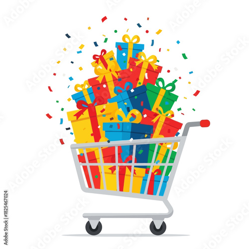 Single Vector Icons of Shopping Cart Overflowing with Colorful Gift Boxes and Confetti 1. EPS Editable