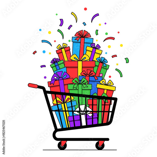 Single Vector Icons of Shopping Cart Overflowing with Colorful Gift Boxes and Confetti. EPS Editable