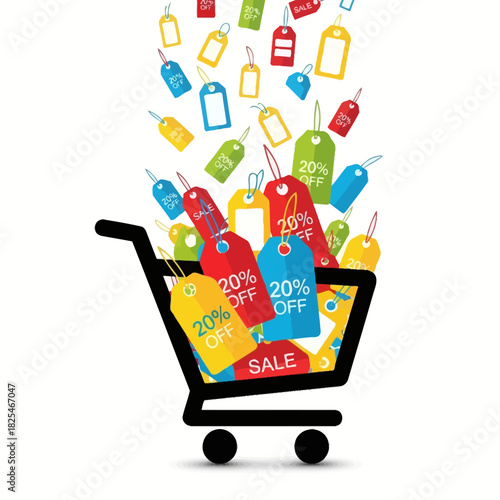 Single Vector Icons of Shopping Cart Overflowing with Colorful Sale Tags and Discounts. EPS Editable