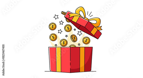 Single Vector Icons of Surprise Gift Box Overflowing with Golden Coins and Stars. EPS Editable