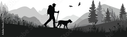 Monochrome silhouette vector illustration of a man hiking with his dog in the wilderness, featuring mountains, pine trees, and birds, representing nature, adventure, and exploration.
