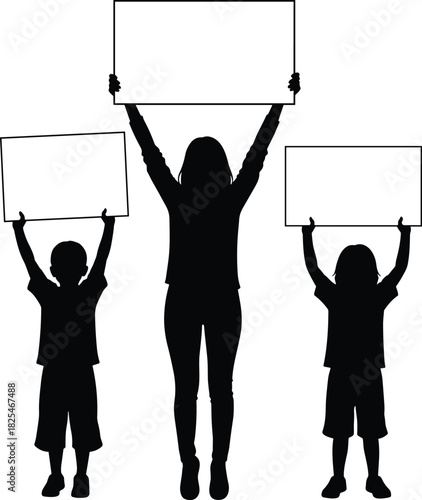 Mother and Children Protesting with Blank Signs Silhouette Vector; Family Holding Banners for Rally, Demonstration, or Social Justice Activism, Representing Communication and Rights.