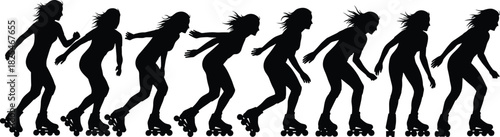 Rollerblading Sequence Silhouette Vector Set; Woman Inline Skating Movement Stages, Representing Fitness, Sports, Exercise, Urban Leisure, and Active Lifestyle Graphic Progression.Rollerblading Se