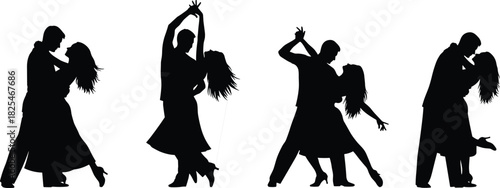 Romantic couple dancing silhouettes set, man and woman performing ballroom dance moves, tango and waltz poses, black vector illustration isolated on white.