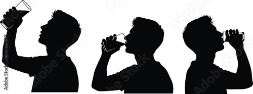 Set of black silhouettes of man drinking water from glass, isolated on white background, symbolizing hydration, thirst, health, and daily lifestyle habits.