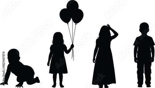Set of black silhouettes including crawling baby, girl holding balloons, and standing children, vector illustration isolated on white background for family concepts.