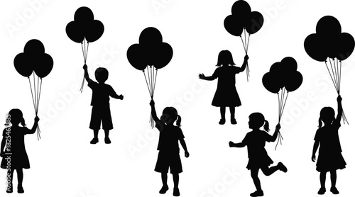 Set of black silhouette vector illustrations showing happy children holding bunches of balloons, boys and girls celebrating on isolated white background.