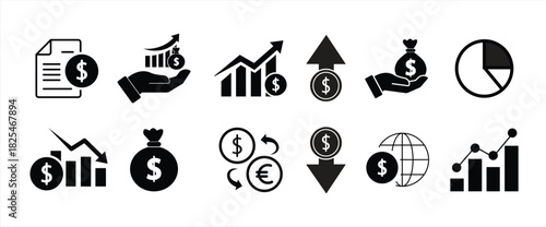 Investment Fund glyph icon set, containing exchange, allocation, broker, rate, income, budget, and more, for app and web development. for financial and business themes. vector illustration