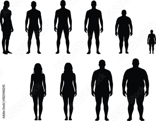 Set of human body types silhouettes, men and women with different weight from thin to obese, body mass index concept, black vector illustration.