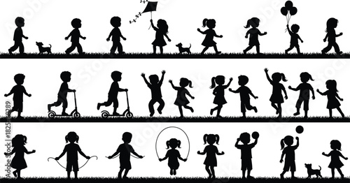 Set of kids playing outside silhouette banner with grass border, featuring children running, jumping rope, riding scooters, and flying a kite, ideal for school projects and child care designs.