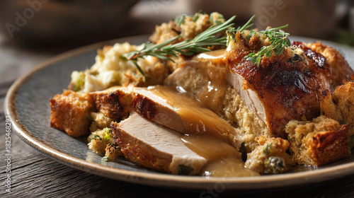 Close up of sliced turkey with stuffing and gravy on a plate with rosemary sprig