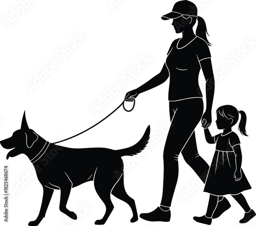 Silhouette of mother walking dog on leash and holding hands with little daughter, happy family with pet concept, isolated on white background