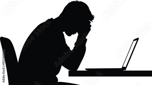 Silhouette of stressed man sitting at desk with laptop, holding head in hands, burnout and depression concept, black vector illustration isolated on white background.