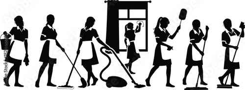 Silhouette set of maids in uniform performing cleaning tasks like mopping, vacuuming and dusting, housekeeping vector illustration isolated on white background.