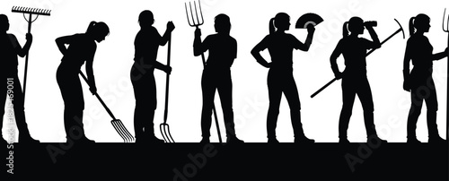 Silhouette vector illustration of group of female farmers working in field with agricultural tools, rake, pitchfork, hoe, gardening, teamwork concept, isolated on white background