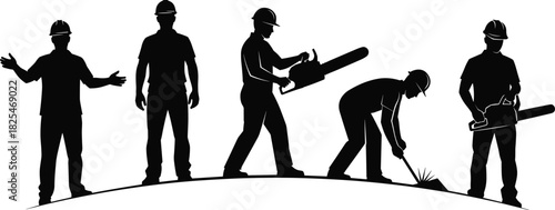 Silhouette vector illustration of group of male workers wearing hard hats holding chainsaws, construction and lumberjack team concept, isolated on white background