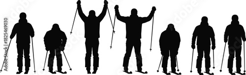Silhouette vector illustration of group of skiers in winter sportswear holding ski poles, standing and celebrating, winter sport activity concept, isolated on white background