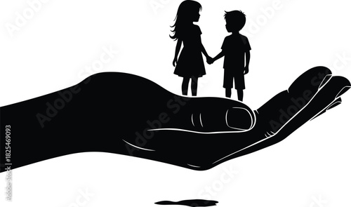 Silhouette vector illustration of large hand holding small children boy and girl, symbol of protection, care, safety, family, charity, social welfare, isolated on white background