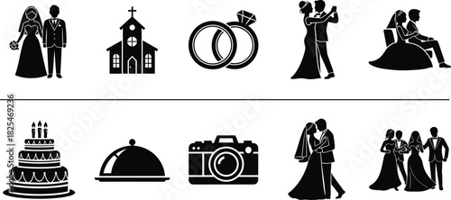 Silhouette vector illustration set of wedding symbols including bride, groom, church, rings, cake, camera, dancing couple, marriage ceremony concept, isolated on white background