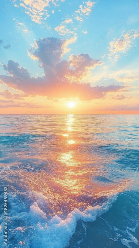 Fototapeta premium Serene pastel sunset over calm ocean with glowing sun on the horizon, dramatic clouds, shimmering golden reflection and gentle foamy waves