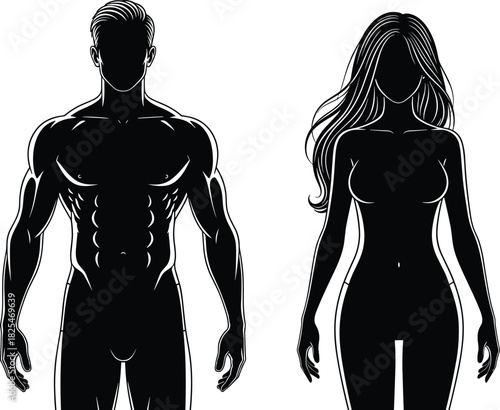 Vector illustration of fitness couple, muscular man and woman silhouettes standing together, isolated on white background for gym and workout design.