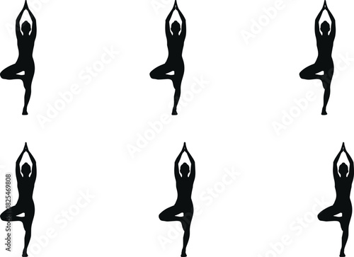 Black Silhouette Set of Woman Doing Yoga Tree Pose Vrikshasana Isolated on White Background Vector Illustration