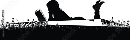 Woman reading book silhouette, girl lying on grass with flowers, relaxing nature hobby, education and leisure time concept, black vector illustration.