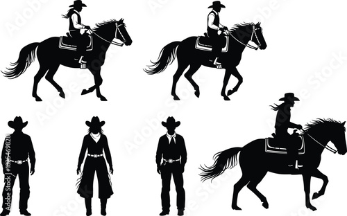 Cowboy and cowgirl silhouettes set riding horses and standing western vector illustration collection.