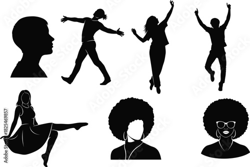 Diverse collection of black people silhouettes featuring dancing poses and stylish afro portraits for vector design.