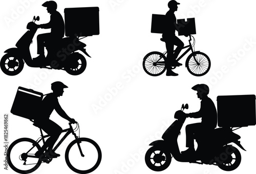Delivery Man Silhouettes Set on Scooters and Bicycles with Boxes for Food and Package Service