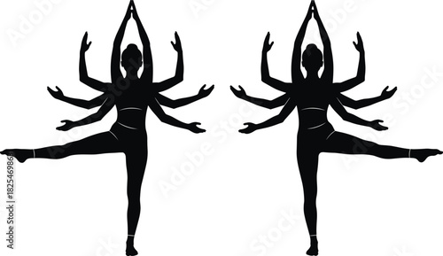 Woman silhouette with many arms, mysterious goddess dancing pose, thousand hand dance concept, spiritual female figure standing on one leg, black vector illustration.