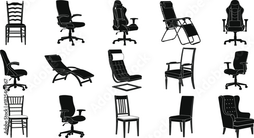 Diverse Collection of Chair Silhouettes Vector Illustration for Office Home and Gaming Interiors
