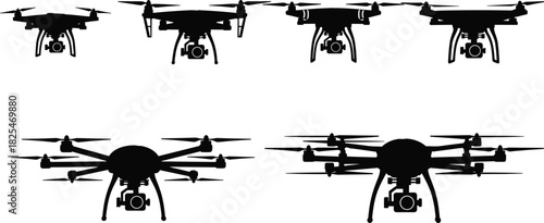 Drone silhouettes vector set of quadcopters and hexacopters with cameras for aerial photography isolated.