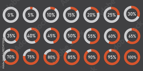 Loading indicator. Progress bar. Percentage meter. UI, User interface. Loading symbol. Download process. Circle icons set. Minimalistic template. Realistic modern design. Vector illustration. Eps 10.E