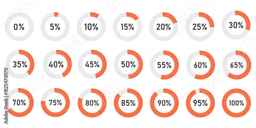 Loading indicator. Progress bar. Percentage meter. UI, User interface. Loading symbol. Download process. Circle icons set. Minimalistic template. Realistic modern design. Vector illustration. Eps 10.E