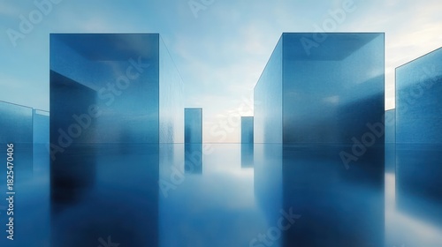 Reflective blue glass monoliths rising from calm mirrored water beneath a soft sky, a serene futuristic minimalist architectural landscape