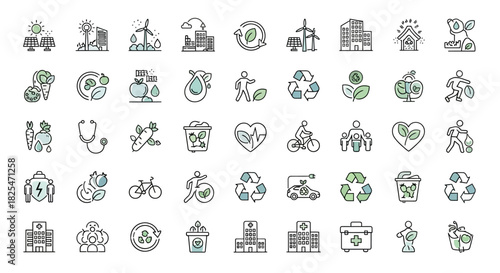 Collection of EcoFriendly and Sustainable Living Icons 4. Vector Illustrations. EPS Editable