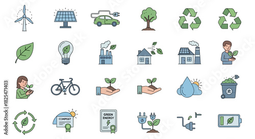 Collection of EcoFriendly Icons Representing Sustainability and Green Energy. Vector Illustrations. EPS Editable