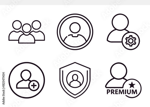 Collection of user profile and account management icons, including group, settings, add, security, and premium user symbols, isolated on