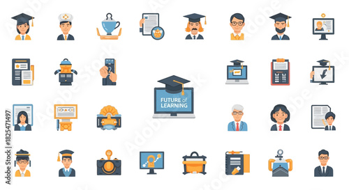 Collection of Education and Business Icons Representing Learning and Professionalism. Vector Illustrations. EPS Editable