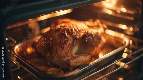 Roasted chicken inside an oven on a metal tray with visible oven rack and light
