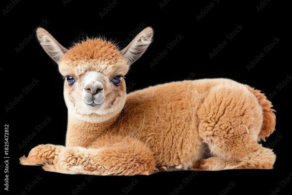 Naklejka premium Cute baby alpaca lying down on a black background