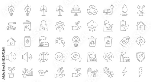 Collection of HandDrawn Icons Representing Environmental Concepts and Sustainability. Vector Illustrations. EPS Editable