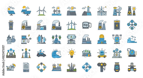 Collection of Energy and Industry Icons Representing Sustainable and Traditional Power Sources. Vector Illustrations. EPS Editable
