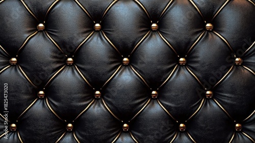 black tufted leather upholstery with gold buttons, glossy quilted diamond pattern conveying luxury and elegant sophistication