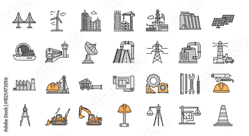 Collection of Engineering and Construction Icons Representing Various Industries and Technologies. Vector Illustrations. EPS Editable