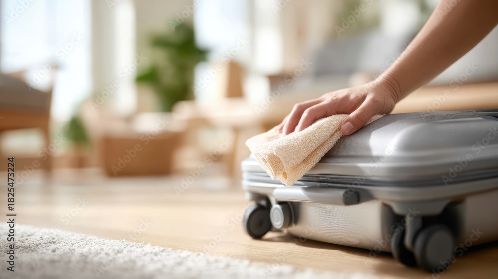 Fototapeta premium Close up of a hand cleaning a silver suitcase with a cloth in a cozy home interior, showcasing attention to detail and cleanliness