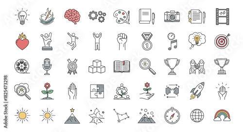 Collection of HandDrawn Icons Representing Business Ideas and Innovation. Vector Illustrations. EPS Editable