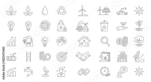 Collection of HandDrawn Icons Representing Ecology and Business Concepts. Vector Illustrations. EPS Editable
