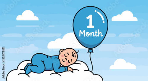 Sleeping Baby Celebrating First Month In Cartoon Sky Illustration